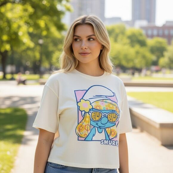 X Unique Vintage White Smurfette Boxy Cropped Soft Short Sleeve T-shirt 2X/18 - Picture 1 of 7